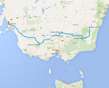 The route that we took, over 1400k from Canberra, ACT, through NSW, Victoria and on to home, SA